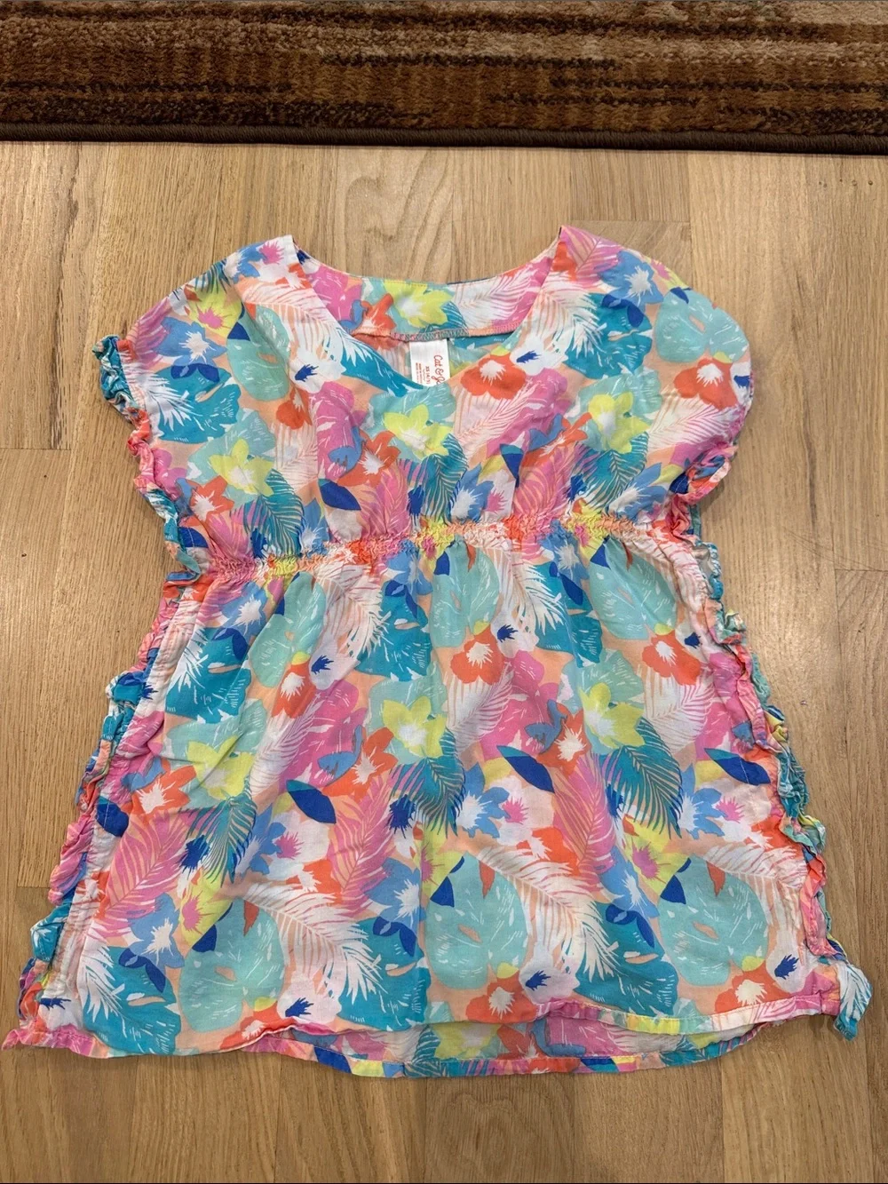 Cat & Jack Coral, Teal & Yellow Floral Girls Top